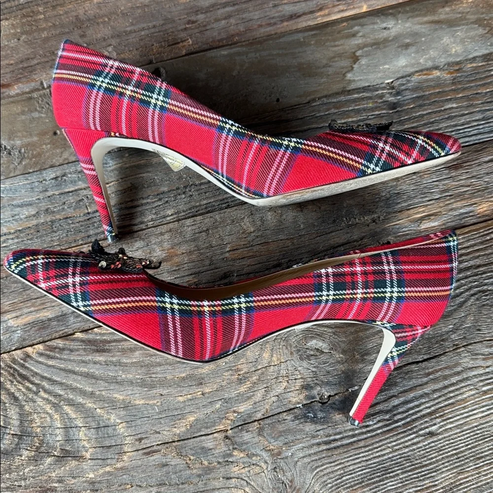 J. crew Lucie tartan plaid heel with‎ sequin star embellishment EUC size 9.5